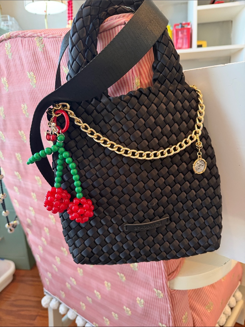 Black Woven Tote Bag with Gold Chain Charms